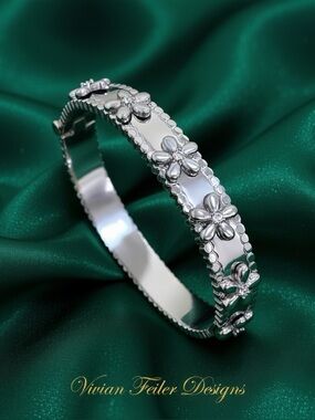 Silver Floral Bangle - Shiny Silver Flower Bracelet